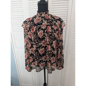 Maurices Top Womens L Boho Multi Floral Smock Neck Ruffle Sheer Blouse Romantic